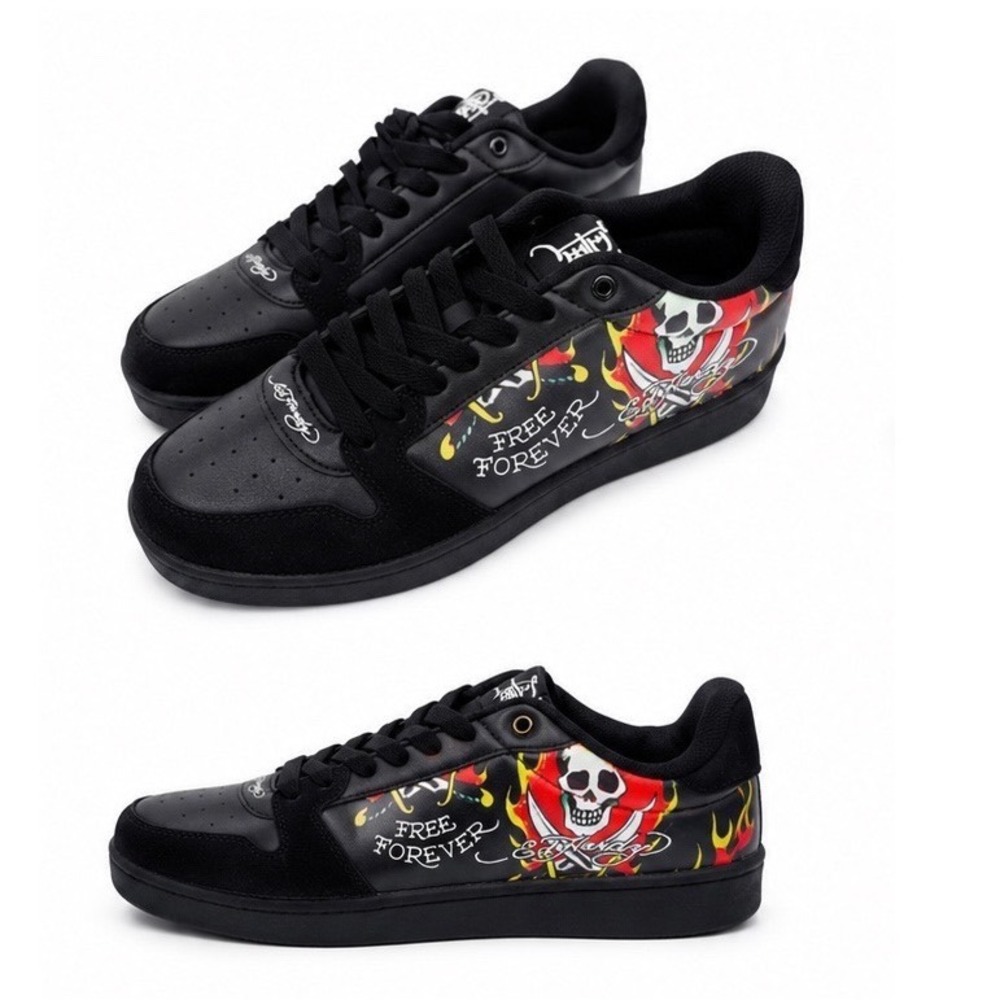 Ed Hardy Court-T Black Skull Free Forever Tattoo Print Sneakers M9.5 Goth 107-09